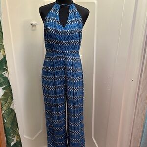 On The Road Blue Patterned Halter Jumpsuit